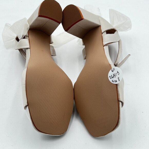 XYD White Satin Open Toe Bridal Wedding Shoes Block High Heel Mesh Bow Sandals - Picture 6 of 6